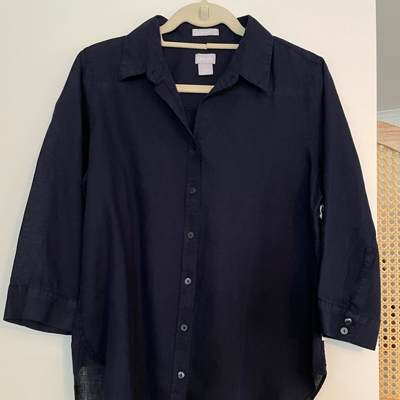 Chico’s no iron linen navy tunic top - Picture 1 of 4